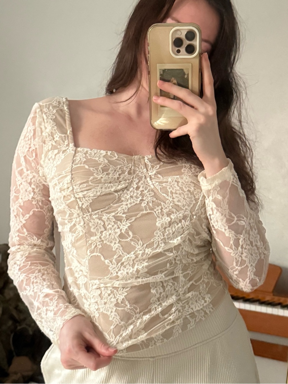 Madden Girl Cream Lace Overlay Sweetheart Top